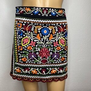 Lulus Don't Stop the Party Black Embroidered Boho Festival Mini Skirt Size S